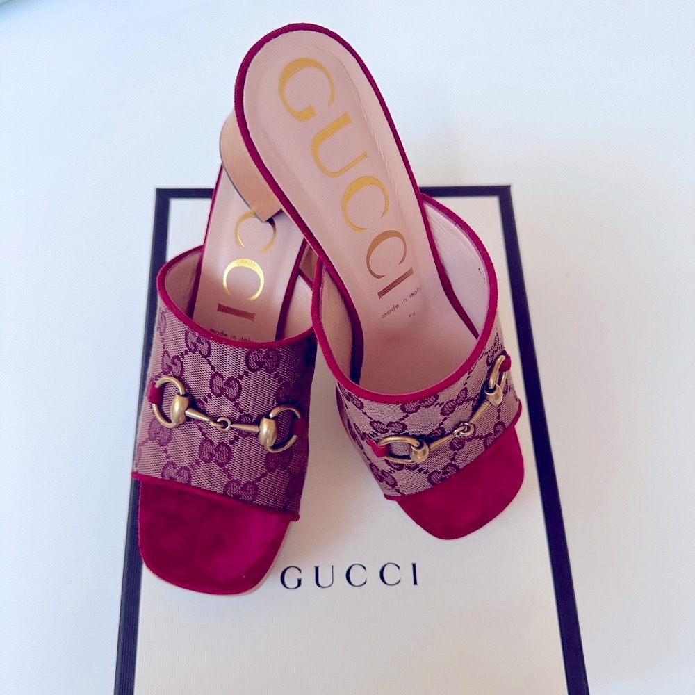 GUCCI GG Monogram Suede Houdan Red Camel Platform Slide Sandals Women’s 37 NIB